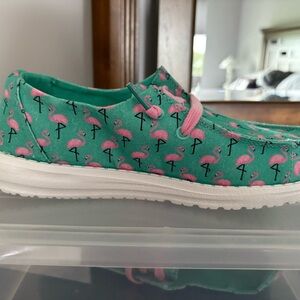 Hey Dude Green and Pink Flamingo Slippers